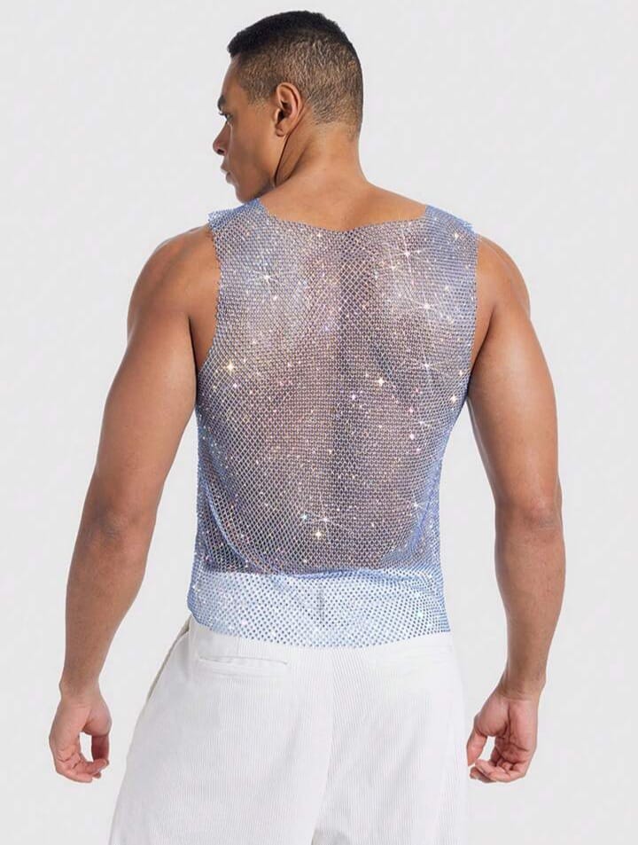 Manfinity AFTRDRK Men's Blue Elastic Mesh Rhinestone Decor Tank Top Rhinestone Top Men